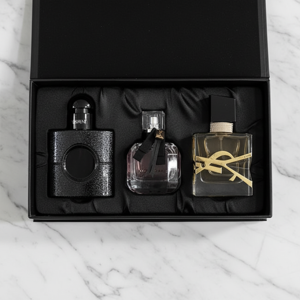 YSL Pack - Caja regalo abierta sobre mármol