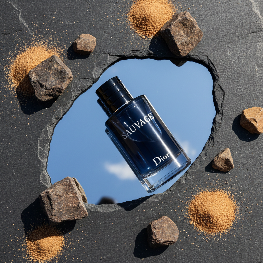 Dior Sauvage - Flat lay piedras y arena desierto