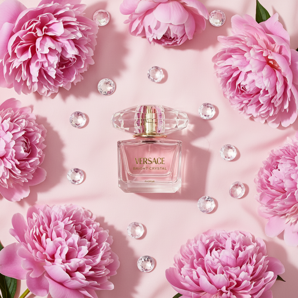 Versace Bright Crystal - Flat lay con peonías rosas