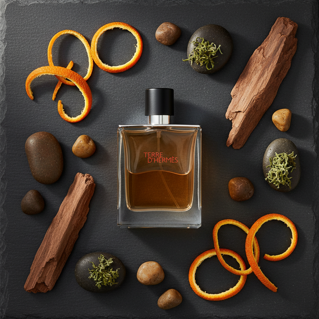 Terre d'Hermès - Flat lay con piel de naranja y piedras