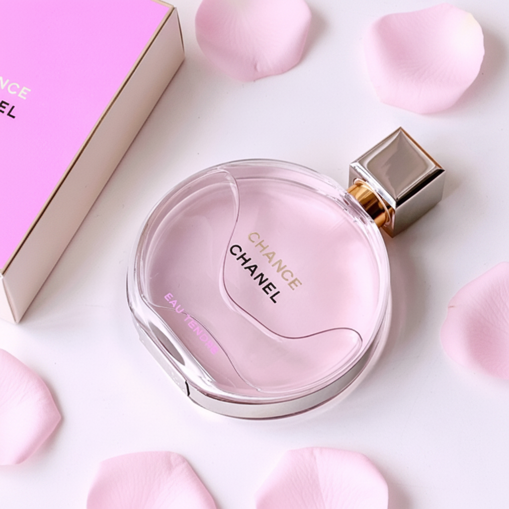 Chanel Chance Eau Tendre - Con caja rosa sobre mármol