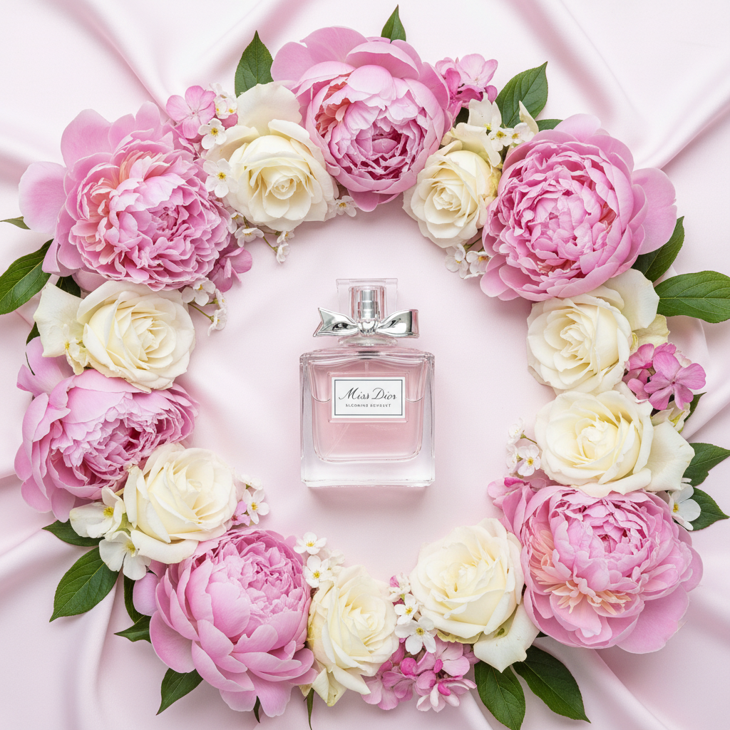 Miss Dior Blooming Bouquet - Flat lay con peonías y rosas