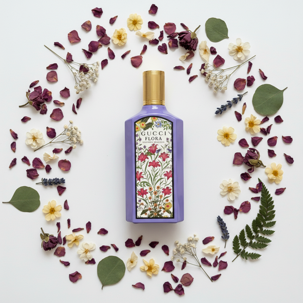 Gucci Flora Gorgeous Magnolia - flat lay editorial