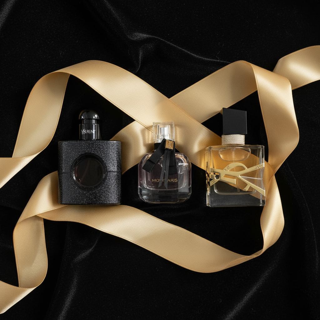 YSL Pack - Flat lay terciopelo negro con lazo dorado