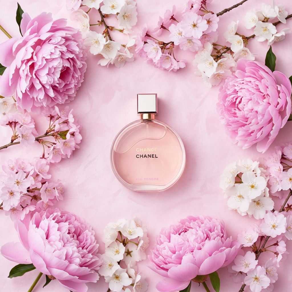 Chanel Chance Eau Tendre - Flat lay con peonías y flores de cerezo