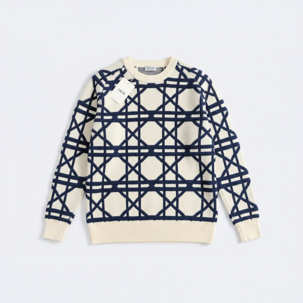 Jersey de punto geométrico azul y blanco flat lay
