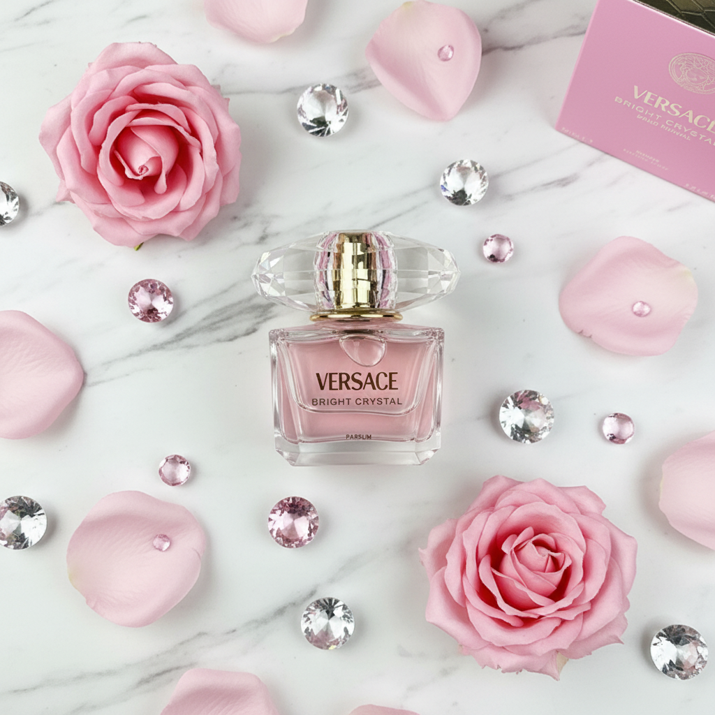 Versace Bright Crystal - Flat lay con pétalos y cristales