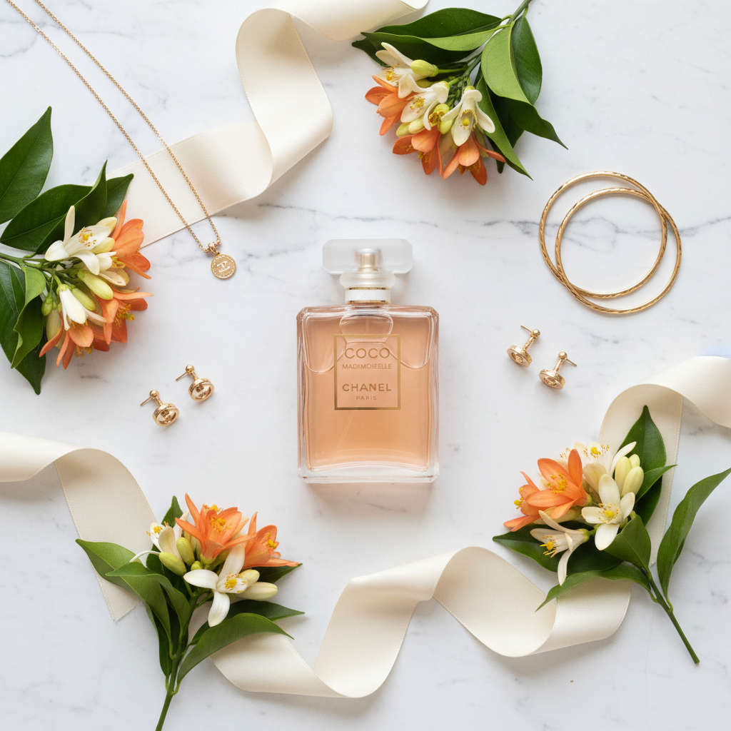 Chanel Coco Mademoiselle - Flat lay con joyas y flores